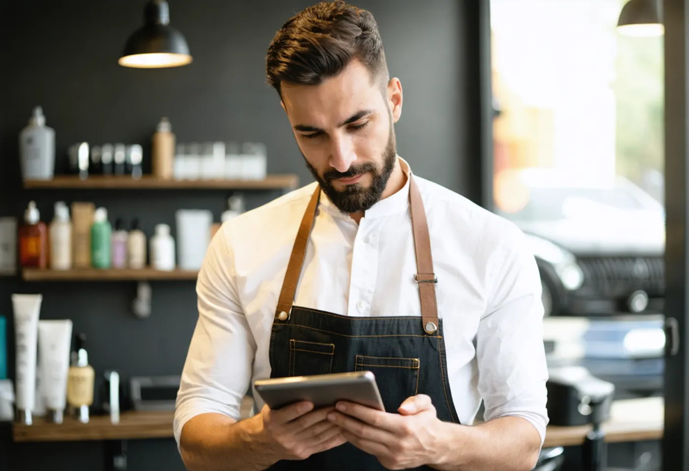 Berber dükkânında müşterisine tabletten web sitesini gösteren berber